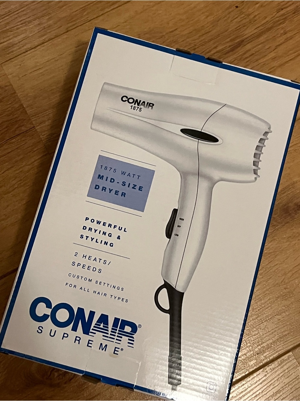 Con air Supreme White Mid-Size 1875 watts Hair Dryer, custom settings, 2 speeds